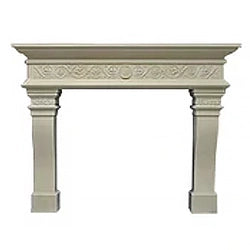 Decorative fireplace mantel surround in a beige finish, featuring intricate carvings and classic columns. Ideal for adding elegance and a traditional touch to indoor fireplaces