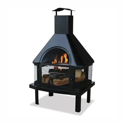 Black metal chiminea outdoor fireplace with a tall chimney and mesh doors, designed for wood burning. Ideal for adding warmth and ambiance to patios and garden spaces