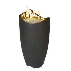 Tall black concrete fire column featuring a unique curved top design and glass media with a gas flame. Ideal for modern outdoor patios and garden decor