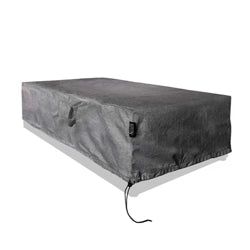 Rectangular black outdoor fire pit cover made of water-resistant material, designed to protect fire pits from weather elements. Ideal for keeping your fire pit in excellent condition year-round