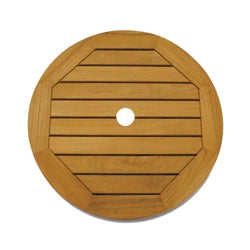 Round teak lazy susan designed for outdoor tables, featuring a slatted wood design with a central hole for umbrella placement. Ideal for enhancing functionality and style in outdoor dining areas