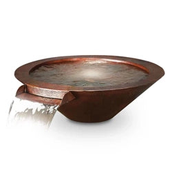 Rustic copper water bowl with a cascading spout, featuring a smooth water surface. Ideal for adding a serene water feature to outdoor landscapes and garden settings