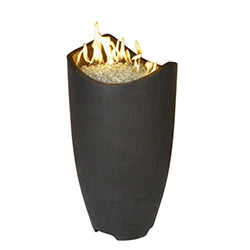 Tall, vase-shaped fire feature with a dark finish, featuring flames emanating from the top filled with fire glass, offering a modern and stylish outdoor heating solution