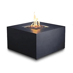 Modern square fire pit with a minimalist dark-colored design and flames rising from the center