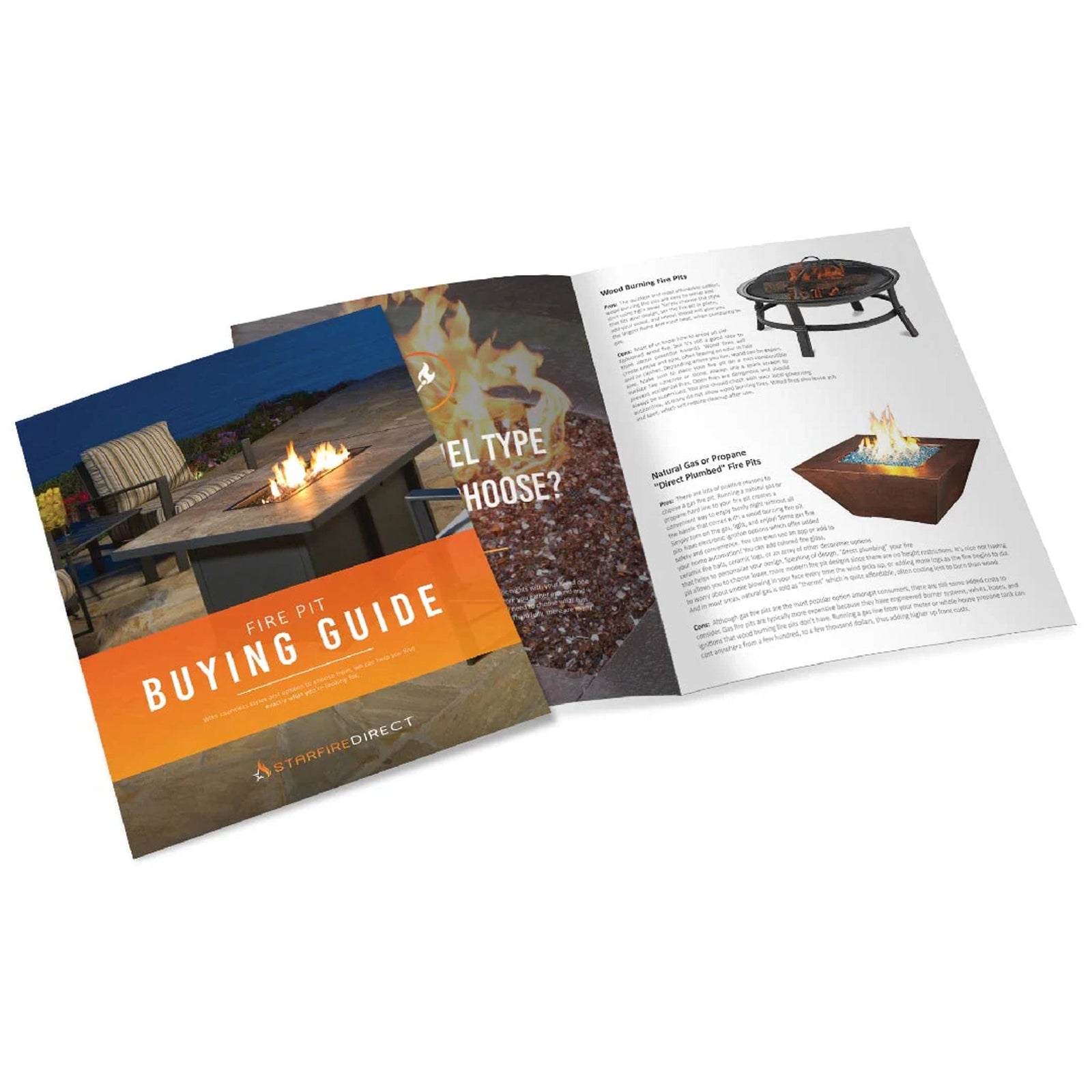 Fire pit buying guide cover and inside pages, providing detailed information and images of various fire pit styles and types.