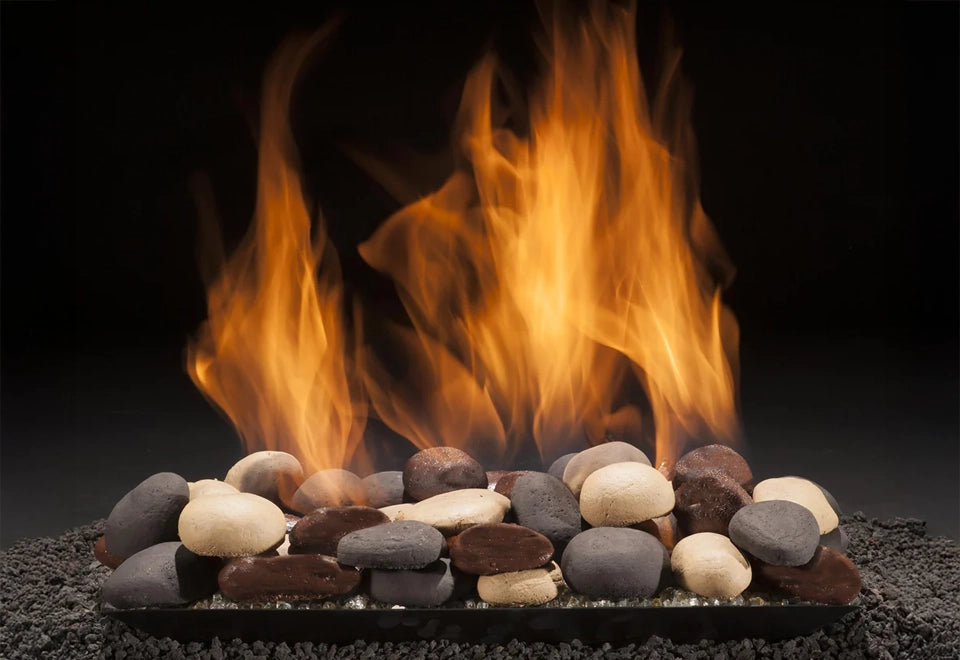 Modern gas fireplace with realistic fire balls and stones, creating a contemporary and warm ambiance.