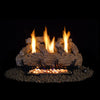 Fyreside vent-free live oak gas log set by RH Peterson Co. shown with glowing flames against a dark background, highlighting the realistic log textures and ember details. Ideal for ventless fireplaces, this set combines efficient heating with authentic log design for a warm, inviting atmosphere.