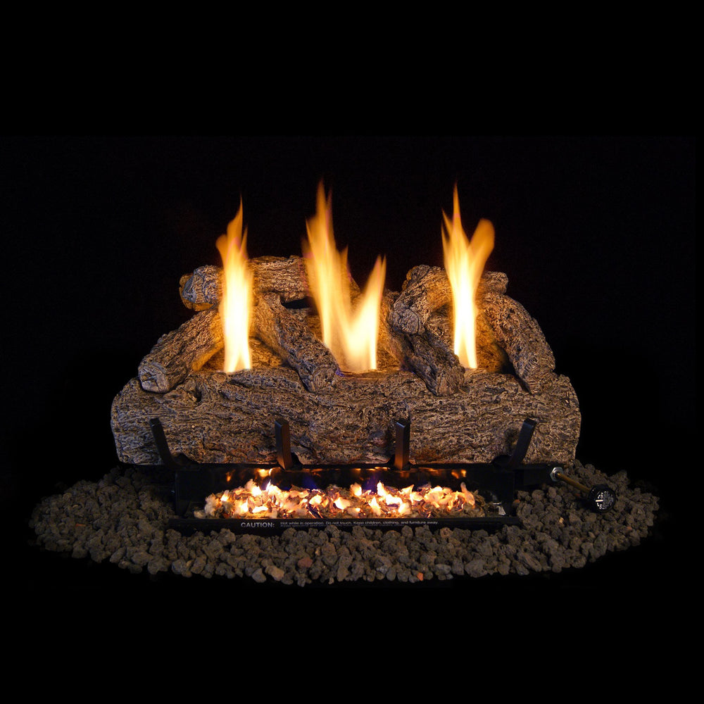 Fyreside vent-free live oak gas log set by RH Peterson Co. shown with glowing flames against a dark background, highlighting the realistic log textures and ember details. Ideal for ventless fireplaces, this set combines efficient heating with authentic log design for a warm, inviting atmosphere.