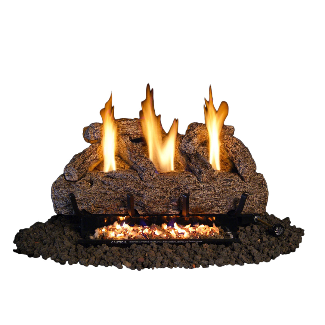 Fyreside vent-free live oak gas log set with realistic wood-like logs and bright flames, designed by RH Peterson Co. Perfect for creating a cozy ambiance in ventless indoor fireplaces, featuring durable construction and natural-looking ember bed. Ideal for efficient home heating with authentic aesthetic appeal.