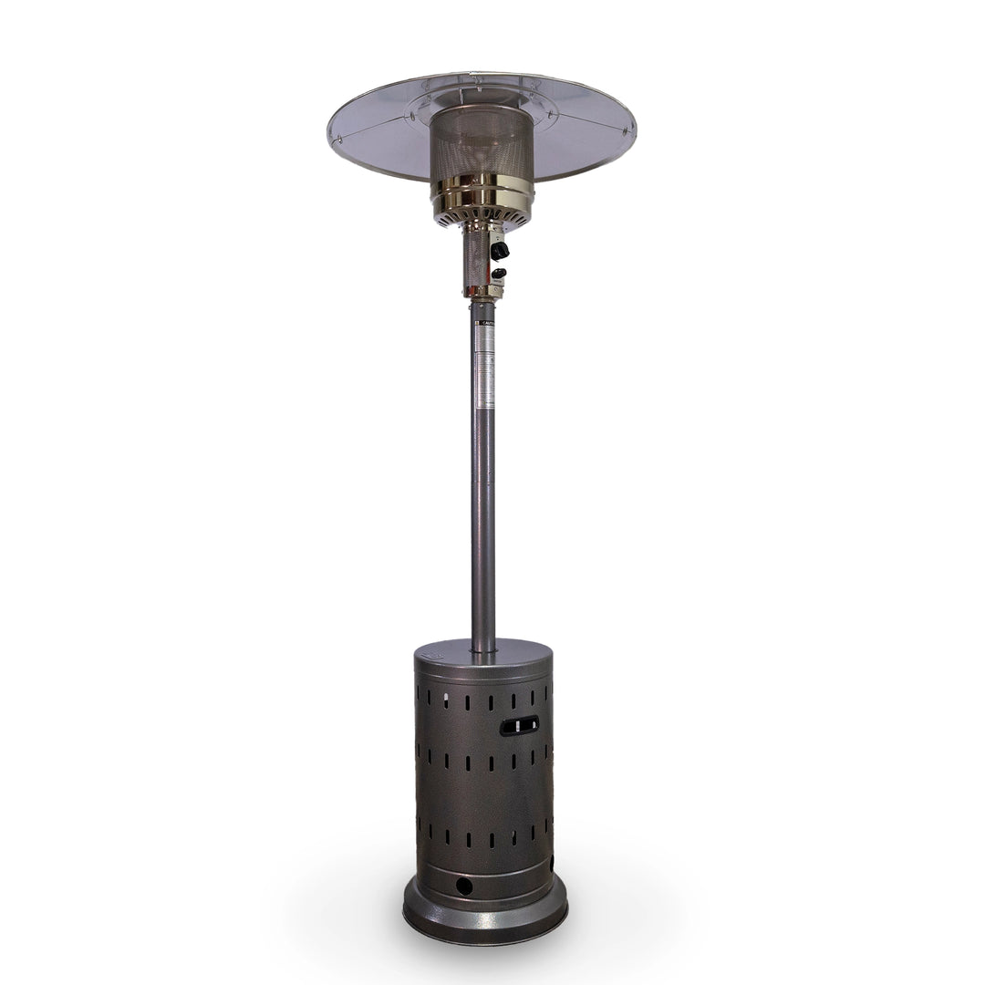 Golden Flame Outdoor Natural Gas Patio Heater in hammered silver finish displayed on a clean white background. This free-standing patio heater is designed for outdoor areas, providing powerful and consistent heat. Suitable for patios, backyards, or restaurant outdoor spaces, it's a natural gas heater with a stylish, modern appeal.