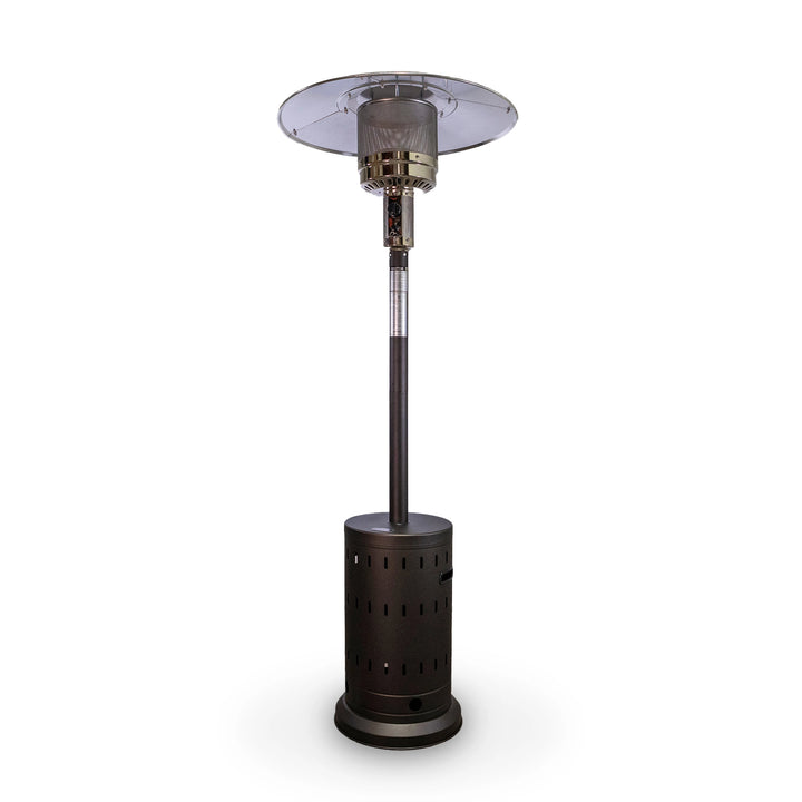 Golden Flame Outdoor Natural Gas Patio Heater in mocha finish, isolated on a white background. This patio heater features a modern design, ideal for both residential and commercial outdoor spaces. The natural gas-powered heater provides consistent heat output, making it perfect for keeping outdoor areas warm and cozy.