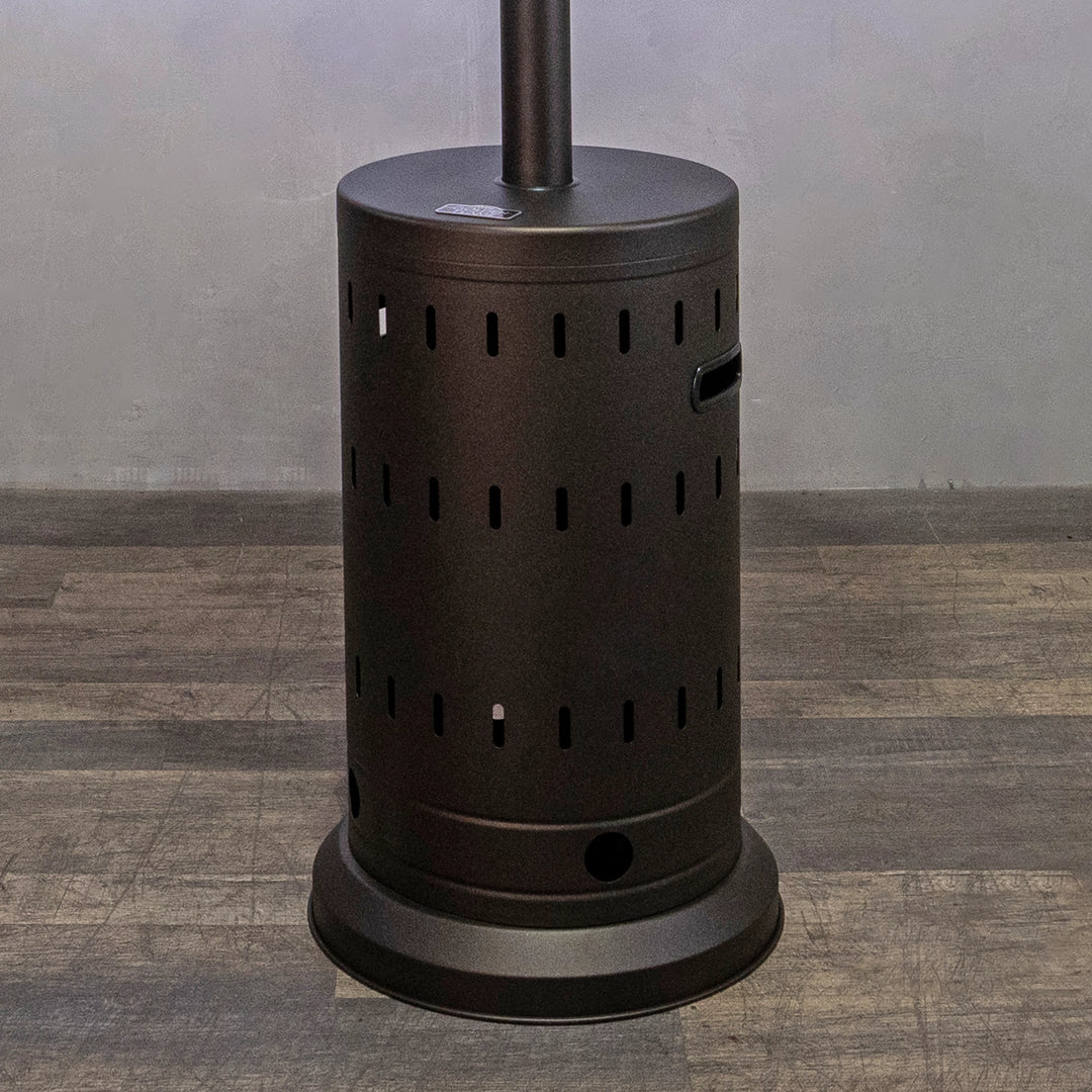  Image of the Golden Flame Outdoor Natural Gas Patio Heater in mocha finish with its tank compartment open, showing the spacious storage area. The compartment is designed for easy tank access and secure storage, making it a reliable option for outdoor heating. The heater is perfect for use in patios, decks, and commercial outdoor spaces. 