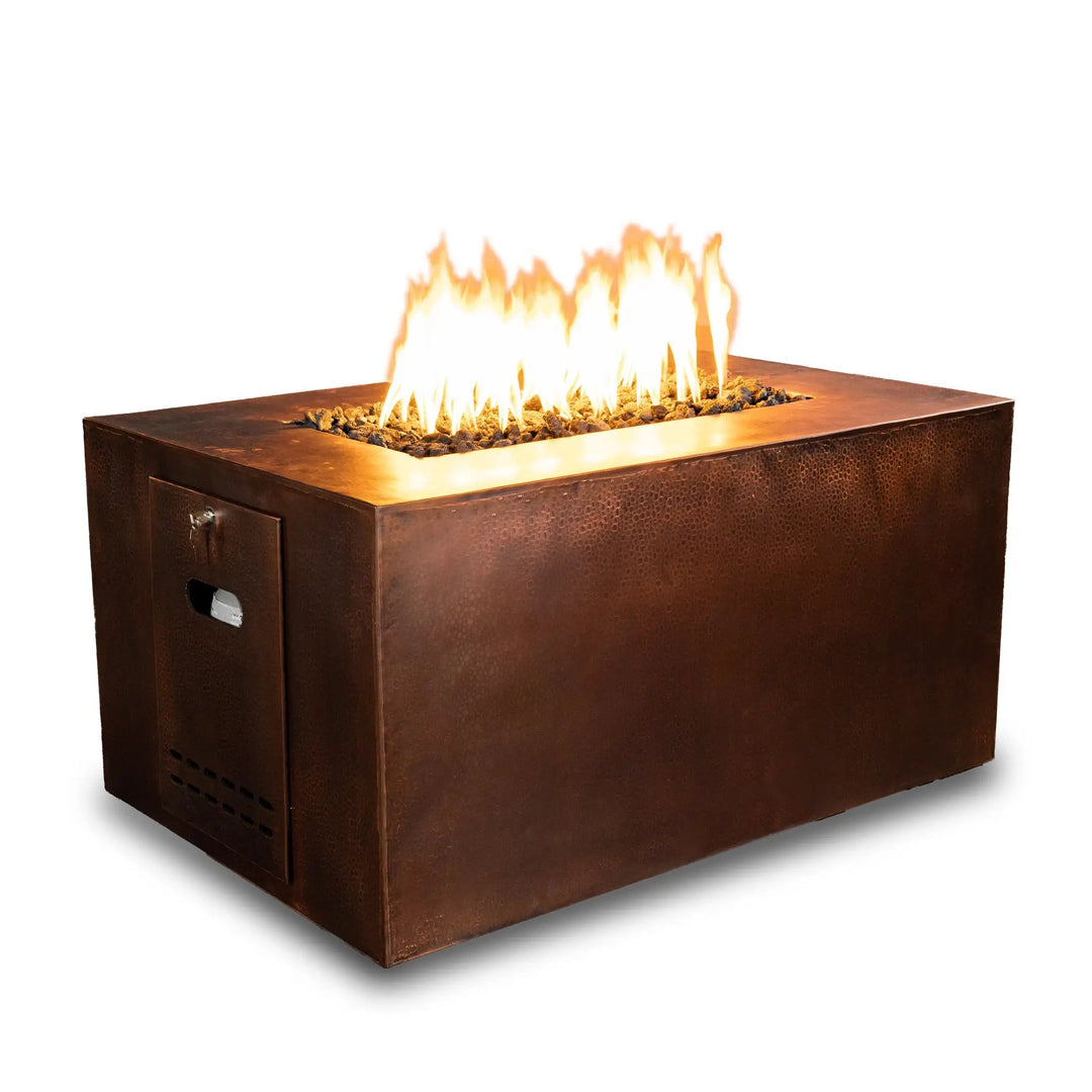 Side view of Gravity Moreno 48x32 rectangle copper hidden propane fire pit, showcasing the sleek hidden propane storage compartment and hammered copper finish, ideal for modern outdoor spaces