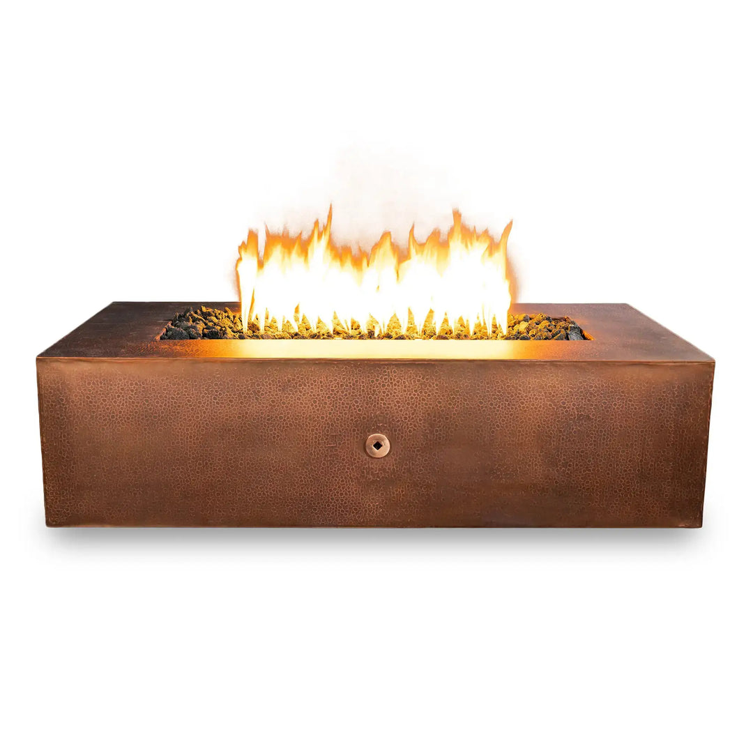 Front view of the Gravity Moreno 60x32 rectangular copper fire pit by Starfire Designs, featuring a stunning modern design with a full-width burning flame, perfect for outdoor patio and backyard spaces