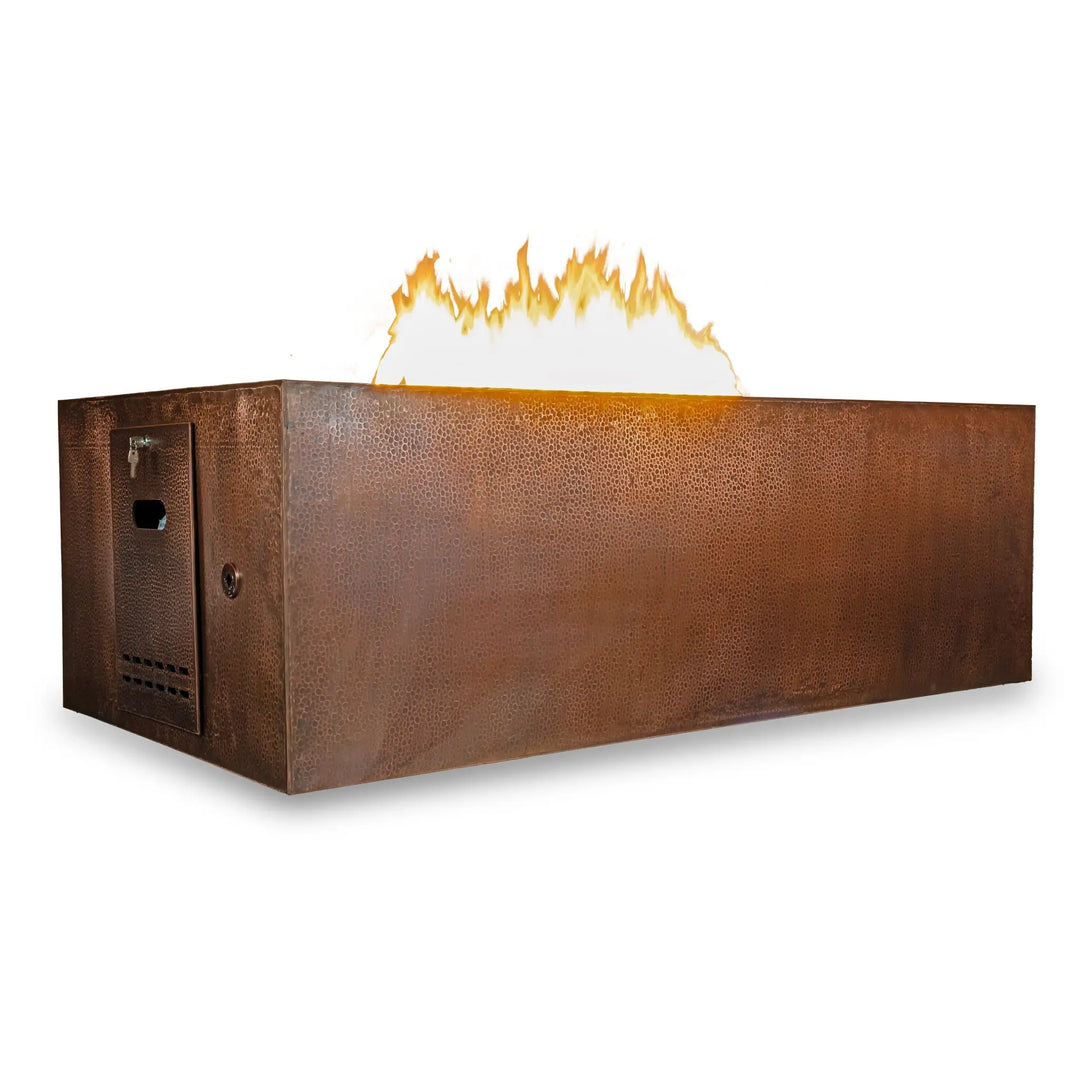 Gravity Moreno 72x38 copper fire pit by Starfire Designs, featuring a hidden propane tank compartment and vibrant flames, showcasing the luxurious copper finish and practical design