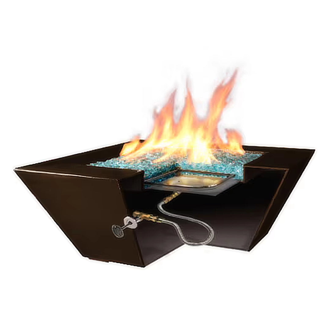 Cross-section view of a fire pit showing internal gas connections and fire glass, with flames burning at the top