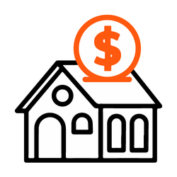 Icon of a house with a coin and dollar sign on top, representing home value, real estate investment, or property costs.