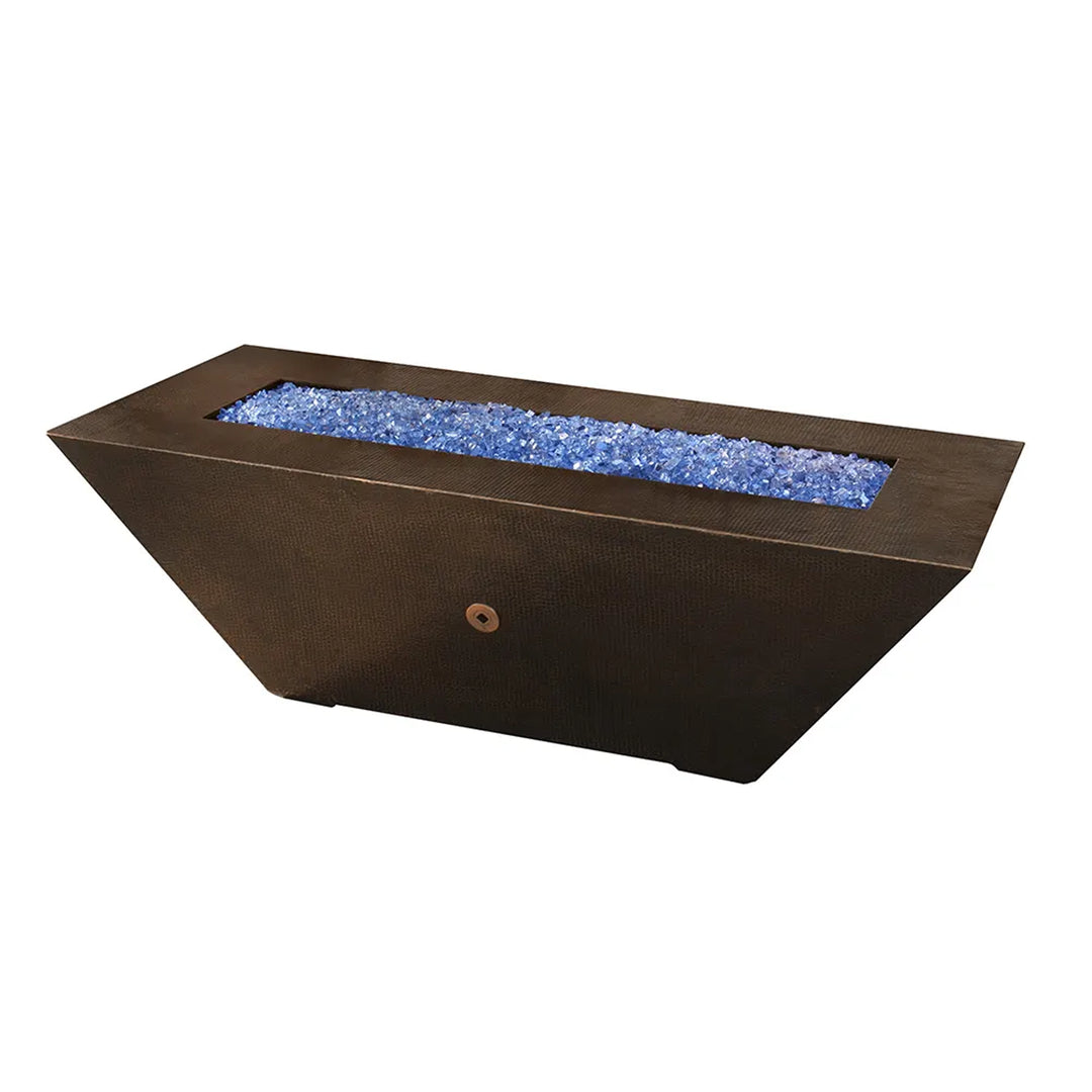 Rectangular copper fire pit filled with blue fire glass, featuring a modern design ideal for contemporary outdoor settings.