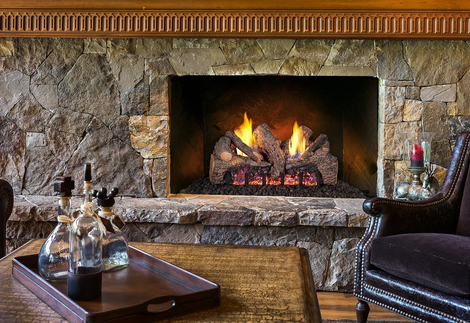 Elegant stone fireplace featuring realistic ventless gas logs and a vibrant, warm flame display. The classic design enhances a luxurious living room ambiance, offering an efficient and safe heating solution while maintaining a traditional aesthetic.