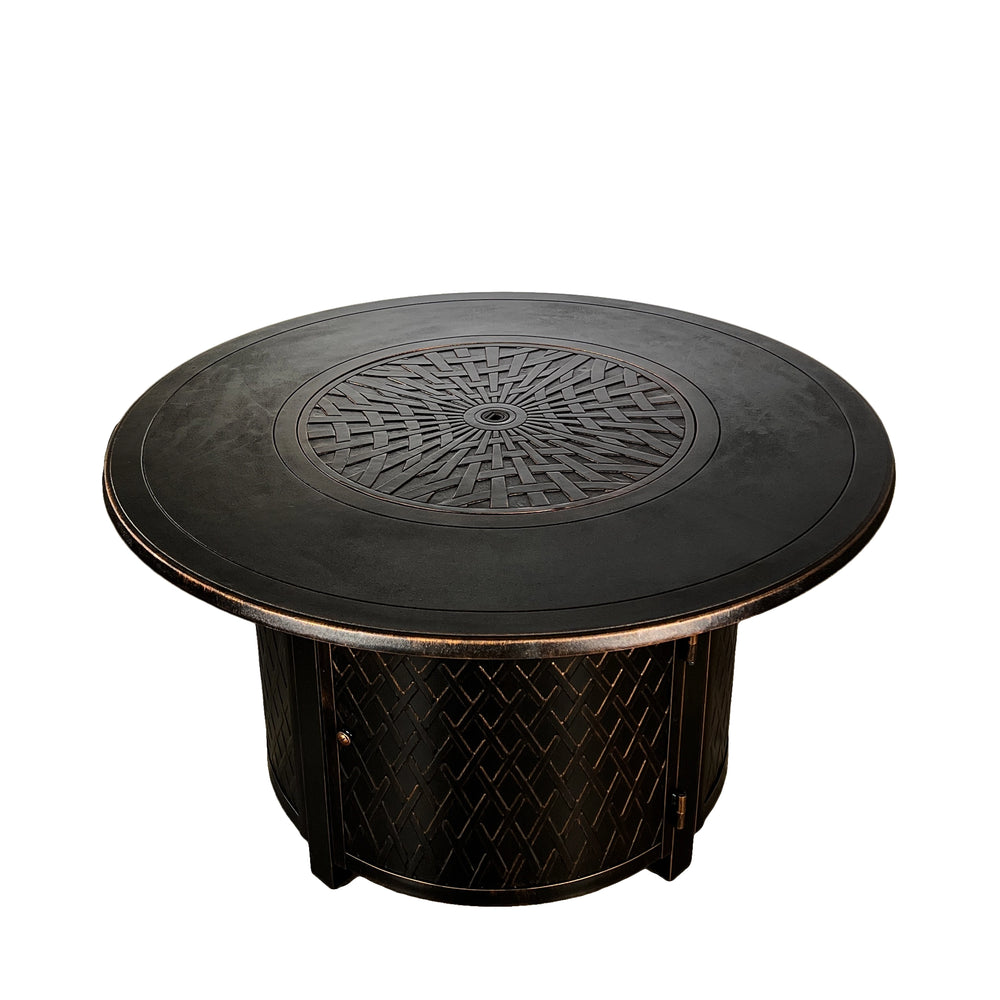 Top view of the Golden Flame Malibu 44” Round Cast Aluminum Fire Table showcasing a beautifully detailed cast aluminum tabletop with a woven pattern design. Ideal for outdoor spaces, this fire table offers durability and an elegant aesthetic. The table’s intricate design and premium quality construction highlight its modern charm for entertaining and warmth.