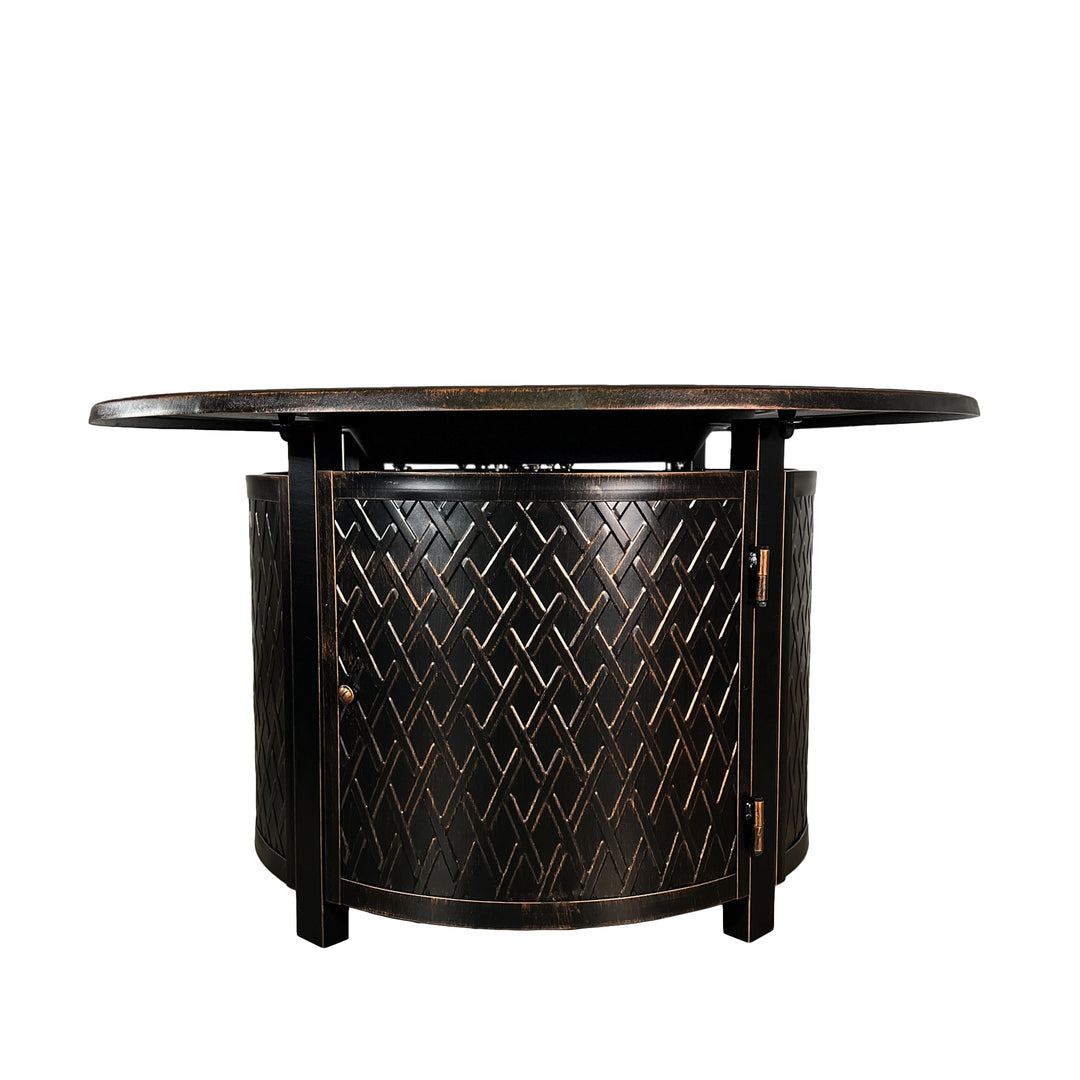 Front view of the Golden Flame Malibu 44” Round Cast Aluminum Natural Gas Fire Table on a white background, highlighting its decorative lattice base and smooth round tabletop.