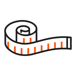 Icon of a rolled measuring tape, representing measurements, sizing, or custom dimensions.