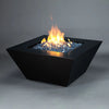 Mill 40-inch Square Steel Gas Fire Pit - Black Hammertone, showcasing the full view with vibrant flames. This modern outdoor fire pit is ideal for luxury backyard settings