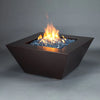 alternate view of mill 40-inch square steel gas fire pit in copper vein finish with blue fire glass