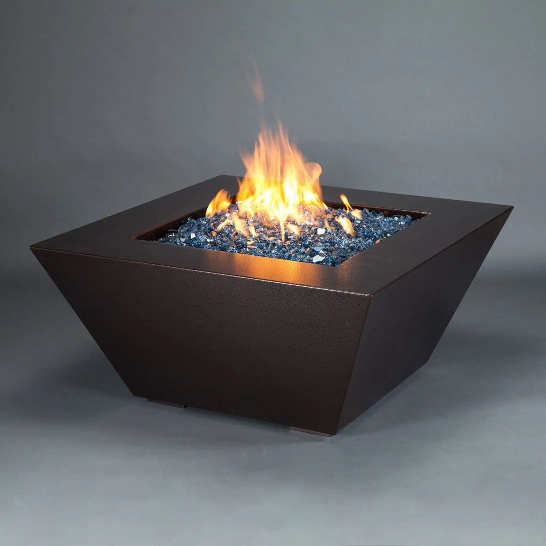 alternate view of mill 40-inch square steel gas fire pit in copper vein finish with blue fire glass