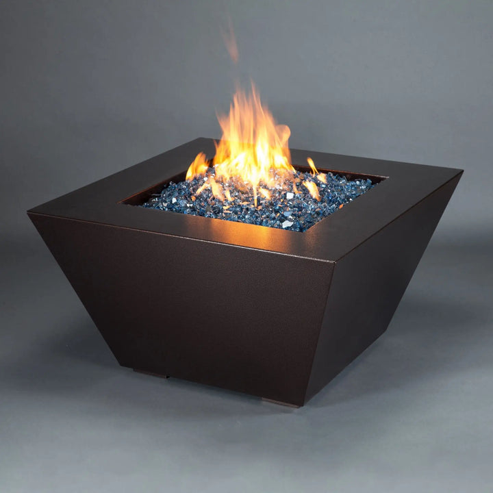 ull view of mill 40-inch square steel gas fire pit in copper vein finish with blue fire glass