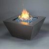 Angled view of the Mill 40-inch Square Steel Gas Fire Pit - Silver Hammertone, showcasing the sleek design and bright flames. Ideal for contemporary outdoor settings