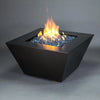 Mill 40-inch Square Steel Gas Fire Pit - Silver Vein, showing the full view with a bright flame. This modern outdoor fire pit is perfect for luxury backyard settings