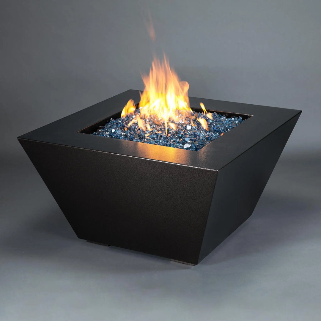 Mill 40-inch Square Steel Gas Fire Pit - Silver Vein, showing the full view with a bright flame. This modern outdoor fire pit is perfect for luxury backyard settings