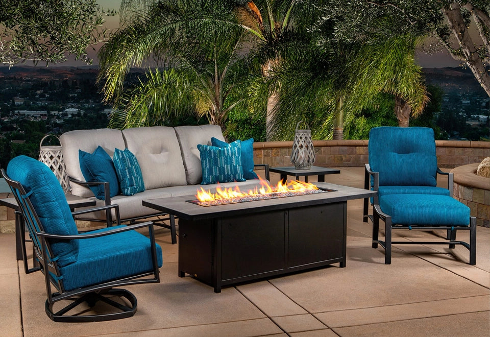 Contemporary black rectangle gas fire pit table with sleek metal design and linear flame, perfect for outdoor patio settings and modern backyard gatherings.