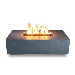 Rectangular concrete fire pit with glass beads, showcasing a modern outdoor design with a warm and inviting flame