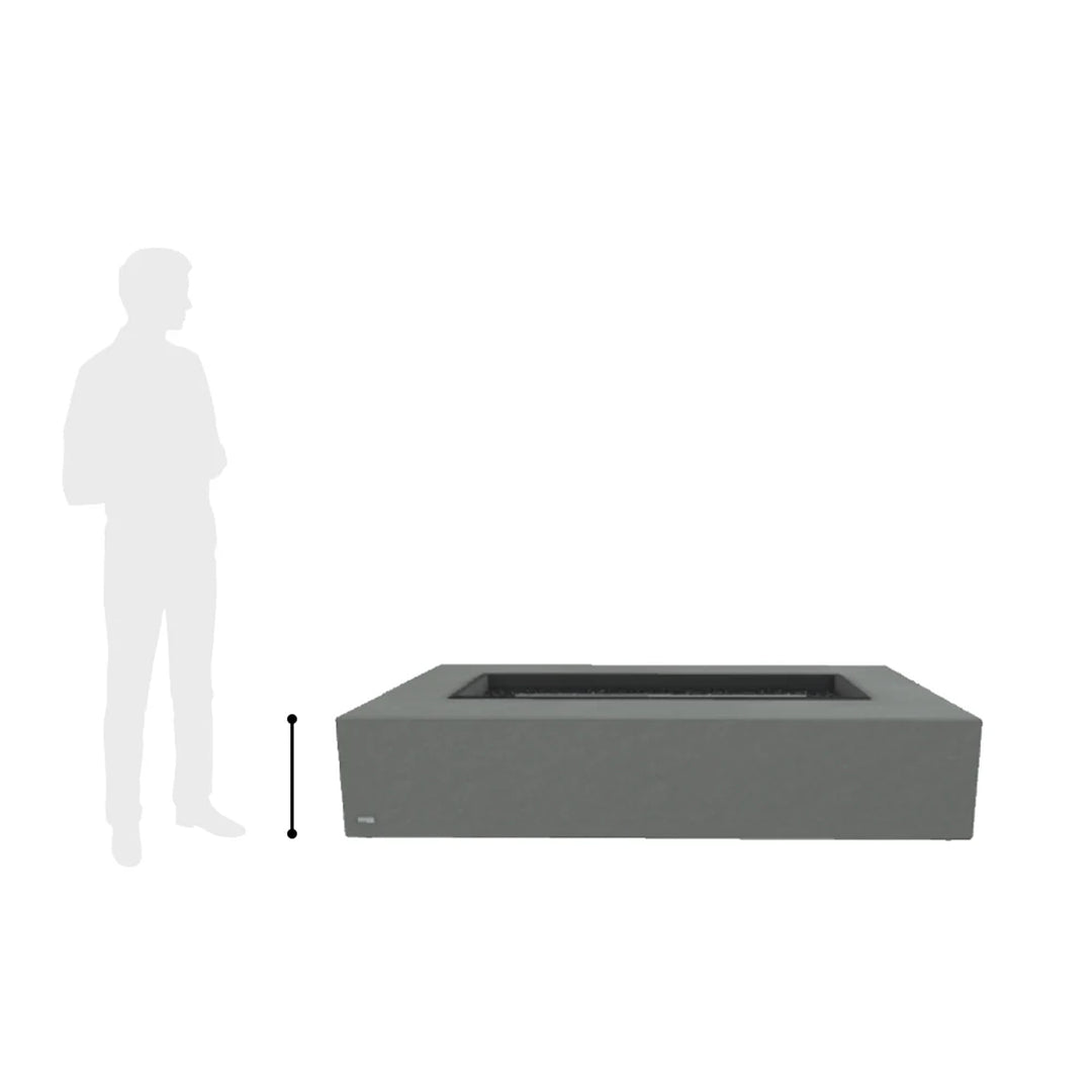  rectangular fire pit table in medium gray with a central burner, shown alongside a scale reference silhouette for size indication