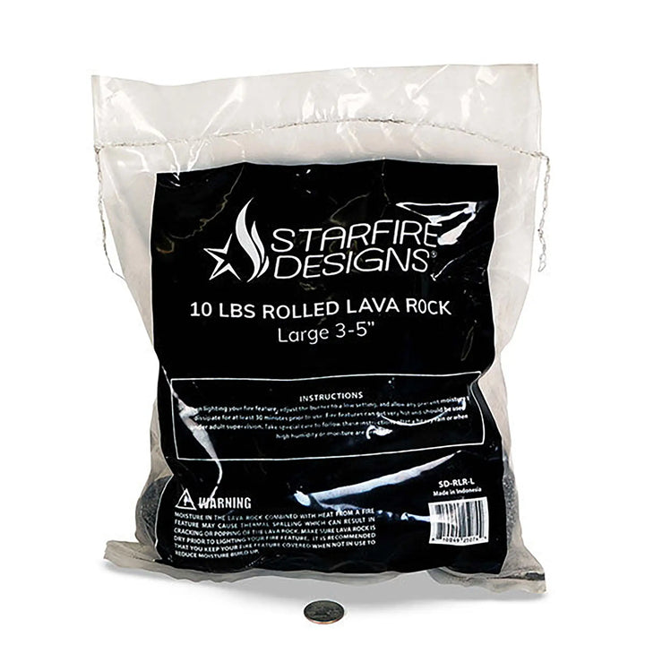 Front view of Starfire Designs Outdoor Rolled Lava Rock 10 lbs bag, large 3-5 inch pieces, showcasing the durable packaging ideal for outdoor fire pits, fireplaces, and other fire features. Lava rock provides superior heat retention and natural aesthetics for various outdoor settings