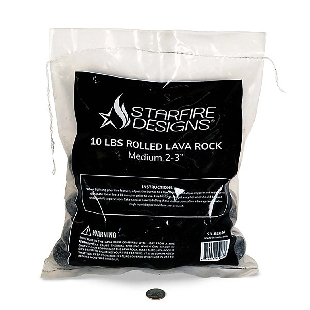 A 10-pound bag of medium-sized (2-3 inches) rolled lava rocks from Starfire Designs, ideal for use in outdoor fire pits and fireplaces. The bag features clear labeling and safety instructions, with the rolled lava rocks visible through the transparent section. These natural lava rocks provide excellent heat retention and are perfect for enhancing the aesthetics and performance of any outdoor fire feature