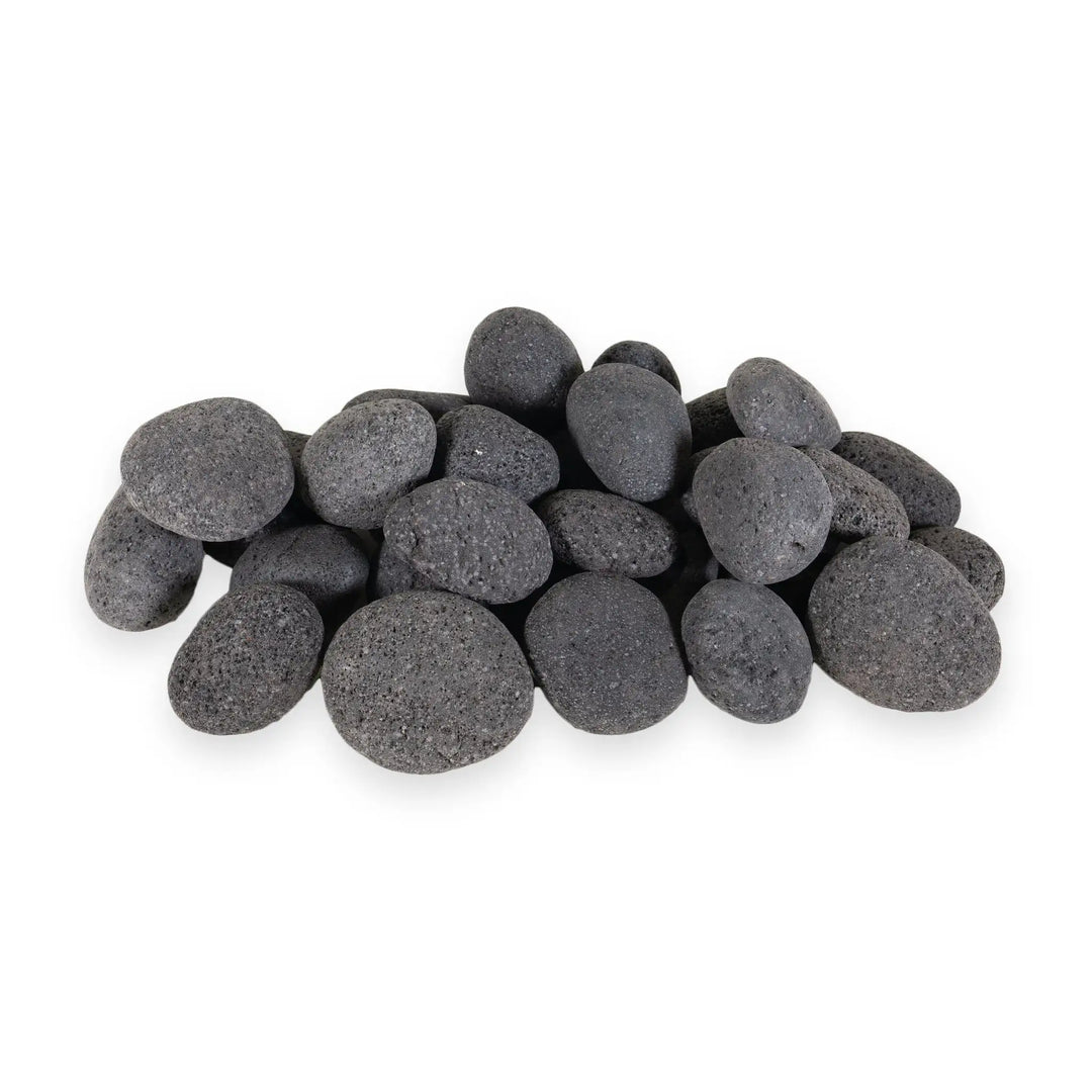 A pile of medium-sized (2-3 inches) outdoor rolled lava rocks, perfect for use in fire pits and fireplaces. These volcanic rocks feature a porous surface, ideal for trapping heat and distributing it evenly. Their natural color and texture create a rustic, authentic look for any outdoor fire feature. A coin is placed for size comparison