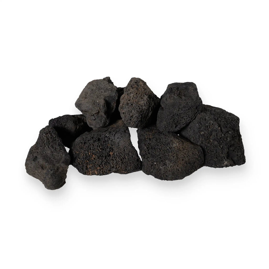 A detailed shot of large volcanic lava rocks arranged in a studio setting, showcasing their dark, rough texture and porous surface. These outdoor lava rocks are ideal for fire pits, providing excellent heat resistance and a natural look. The large size of these stones makes them a standout feature in any fire pit, enhancing both the aesthetic and functionality of the fire feature. Perfect for creating a rugged, outdoor look in modern or rustic settings.