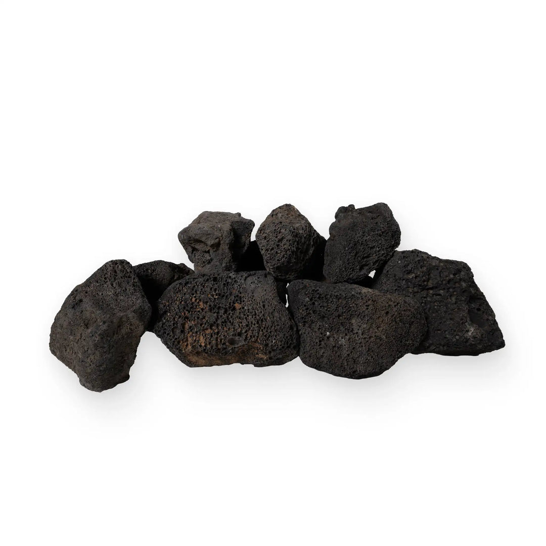 A set of large volcanic lava rocks stacked together in a simple arrangement. These natural, heat-resistant stones are designed for use in fire pits and fireplaces, providing a durable and functional element to any fire feature. Their unique porous surface enhances air circulation and adds a rustic, natural charm to outdoor spaces. Perfect for homeowners looking to upgrade their fire pit with a natural touch.