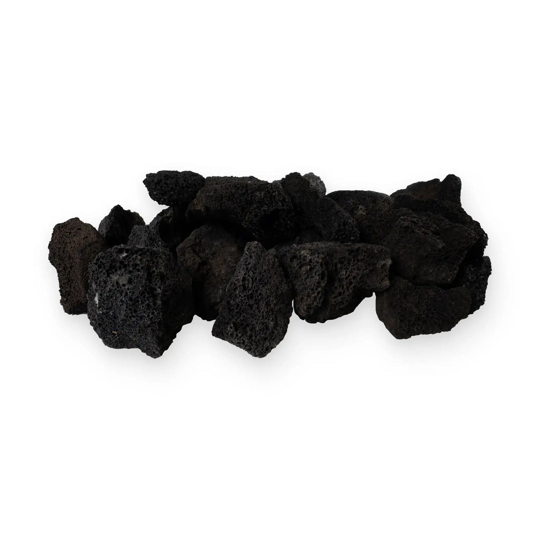 Medium volcanic lava rocks arranged in a pile, each stone 2-3 inches in size. Perfect for use in fire pits and outdoor fire features, these porous volcanic rocks provide superior heat retention and a natural, rustic appearance