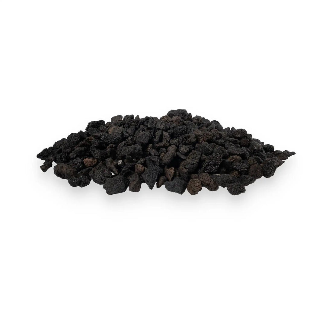 Outdoor Volcanic Lava Rock small size in a studio setting, showcasing the texture and natural look of the stones. These heat-resistant lava rocks are perfect for enhancing heat distribution and adding a rustic touch to any outdoor fire feature. Ideal for use in gas or wood-burning fire pits