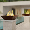 Square copper fire pit lid on Plaza Moreno 29-inch W Square Copper Fire Bowl, featuring hand-hammered copper finish