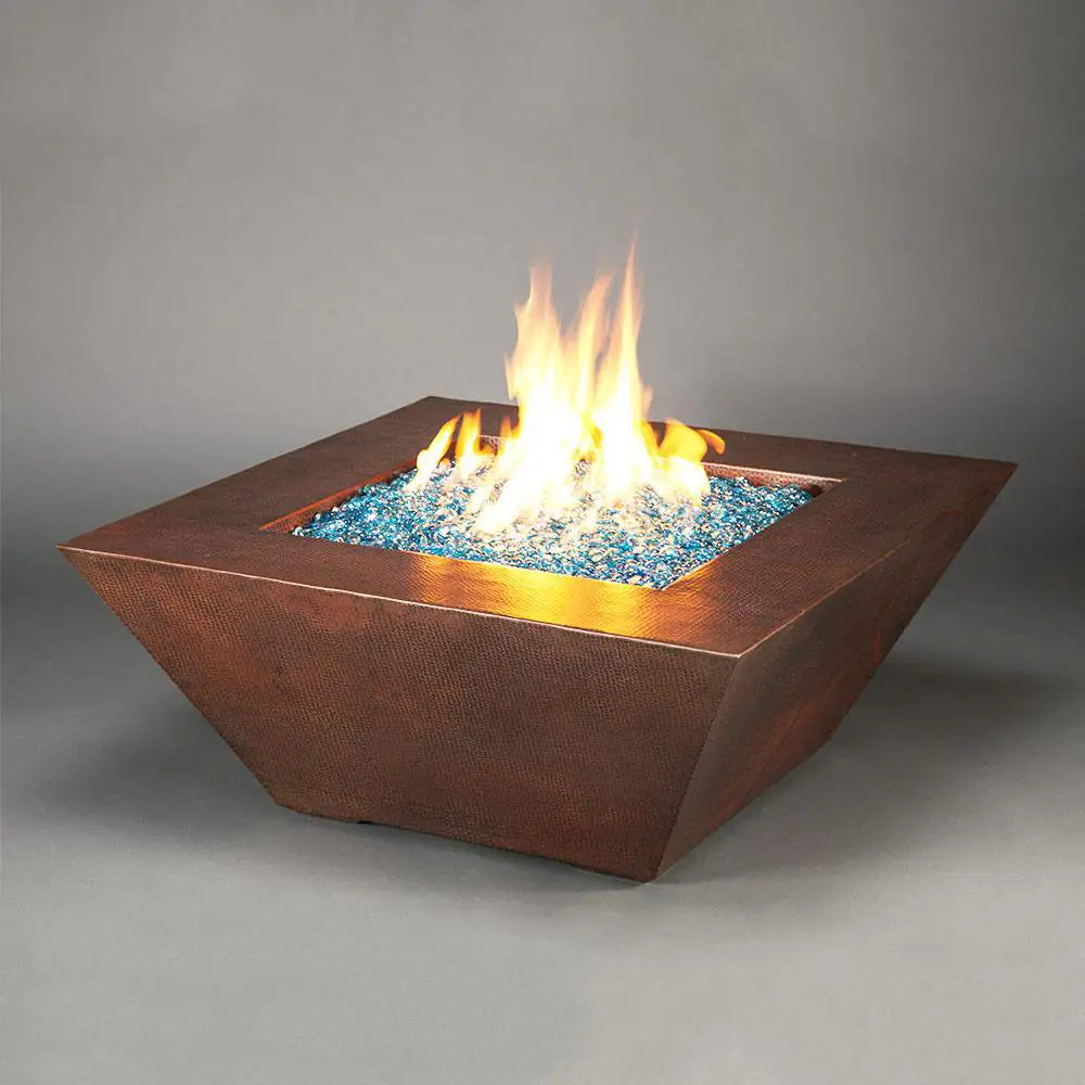 Plaza Moreno 40" x 40" square copper fire pit with blue fire glass and vibrant flames, modern outdoor fire pit for backyard gatherings by Starfire Designs