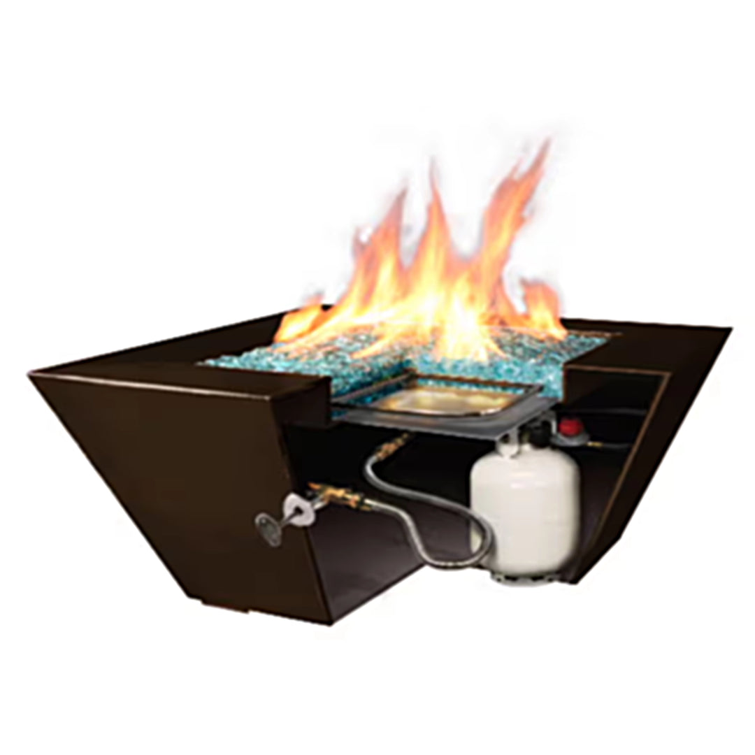 Cross-section view of a fire pit showing internal gas connections, a propane tank, and fire glass with flames burning at the top