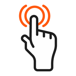 Icon of a hand pressing a button, representing user interaction, activation, or clicking functionality.