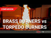 YouTube video thumbnail comparing brass burners and stainless steel Torpedo burners by HPC Fire Inspired, highlighting flame performance, durability, and design differences for outdoor fire pits and fireplaces.