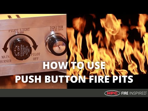 YouTube video thumbnail showing how to use a push-button fire pit (FPPK) by HPC Fire Inspired, demonstrating easy ignition, flame control, and safe operation for outdoor gas fire pits.