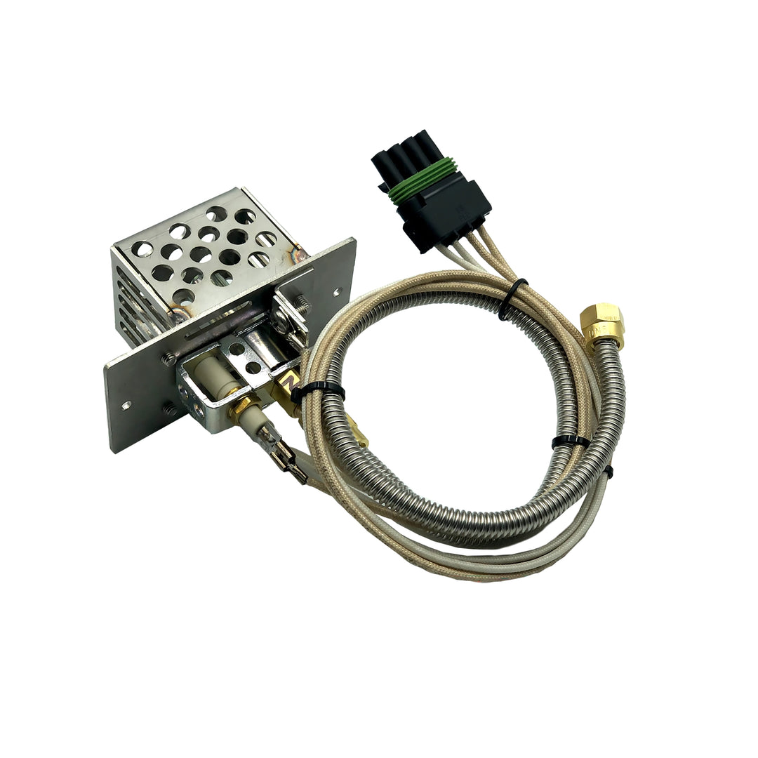 This close-up image showcases the Prism Hardscapes 12v Electronic Ignition System wiring and assembly, featuring detailed connectors, wiring harnesses, and components. The system is essential for automatic ignition in outdoor fire pits, providing safe and easy ignition for gas fire pits. Ideal for enhancing your modern outdoor fire pit setup.